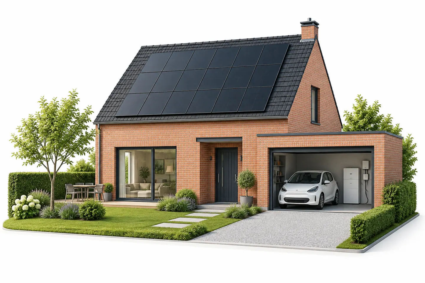 Maison équipée de panneaux solaires, d'une batterie et d'une borne de recharge